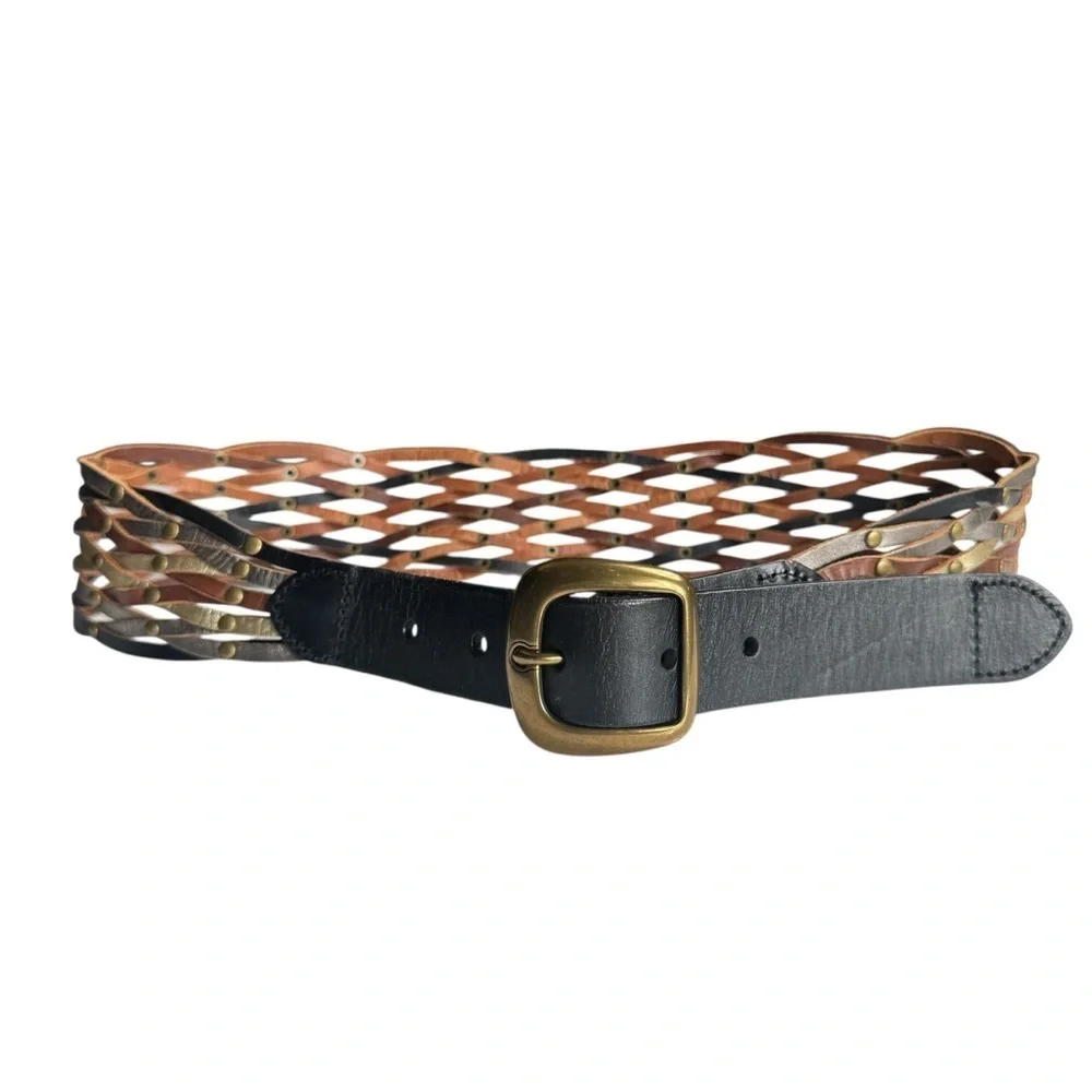 Fossil Genuine Leather Woven Studded Belt, Size Small
